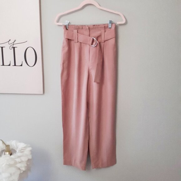 NWOT Zara pink paperbag elastic high waist belted crop trouser pants, S - Picture 7 of 9